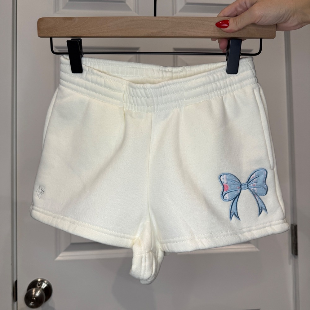 AS Revival Cream White Fleece Lounge Shorts Blue Bow Applique Size XXS NWT